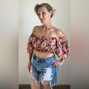 Rip Curl Off Shoulder Crop Top Smocked Black Floral Medium